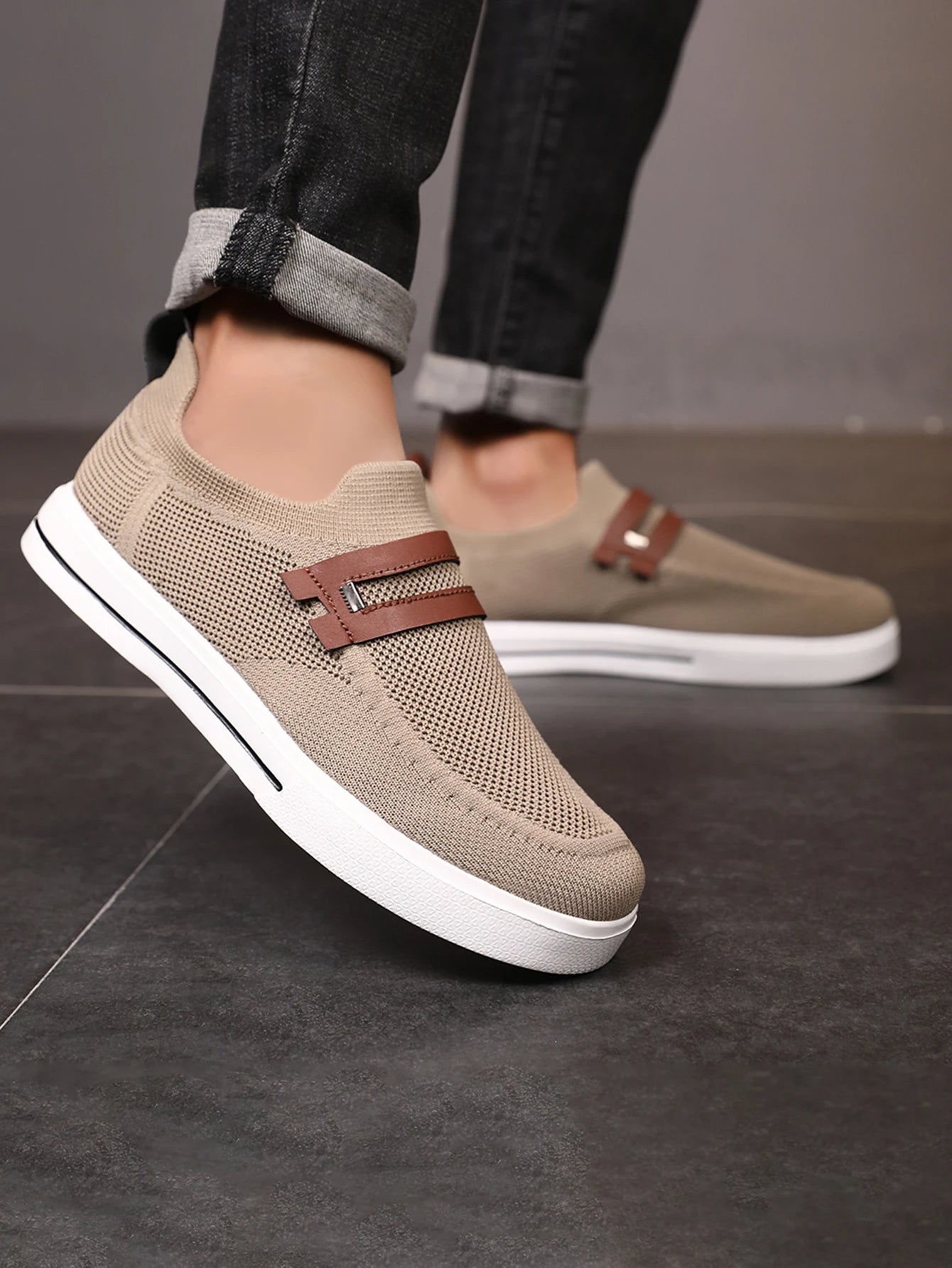 Light gray breathable mesh slip-on loafer with laceless design, lightweight cloudlike comfort for professionals