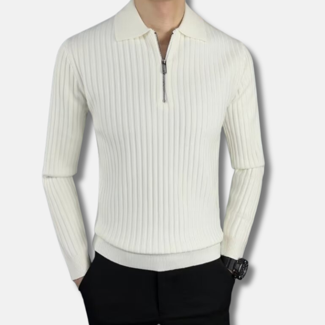 Men's slim fit rib knit half-zip polo collar sweater smart casual style with ribbed texture