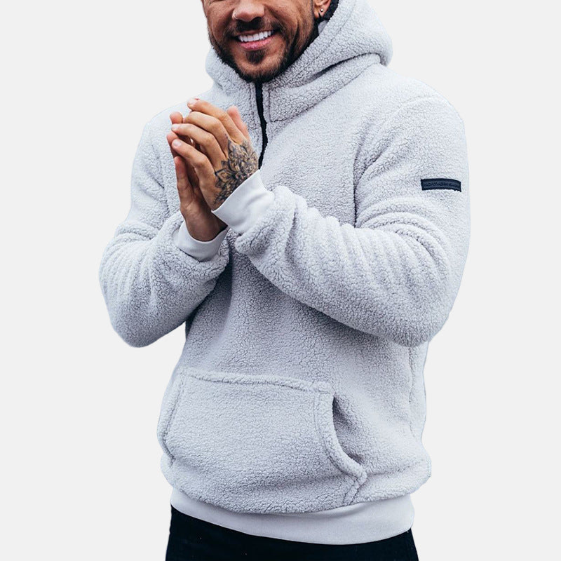 Men's soft fleece hoodie relaxed fit pullover with kangaroo pocket in neutral cozy style