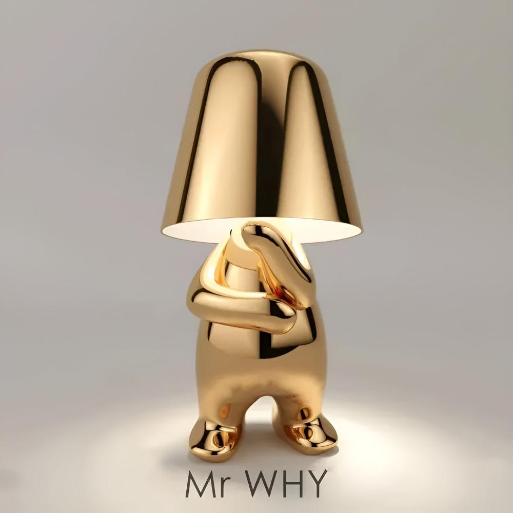 Gold Art Deco figurine table lamp, cordless rechargeable, warm ambient glow, decorative living room accent