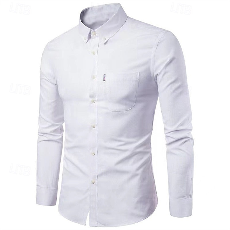 Men's casual relaxed-fit button-down shirt in neutral tone with functional chest pocket