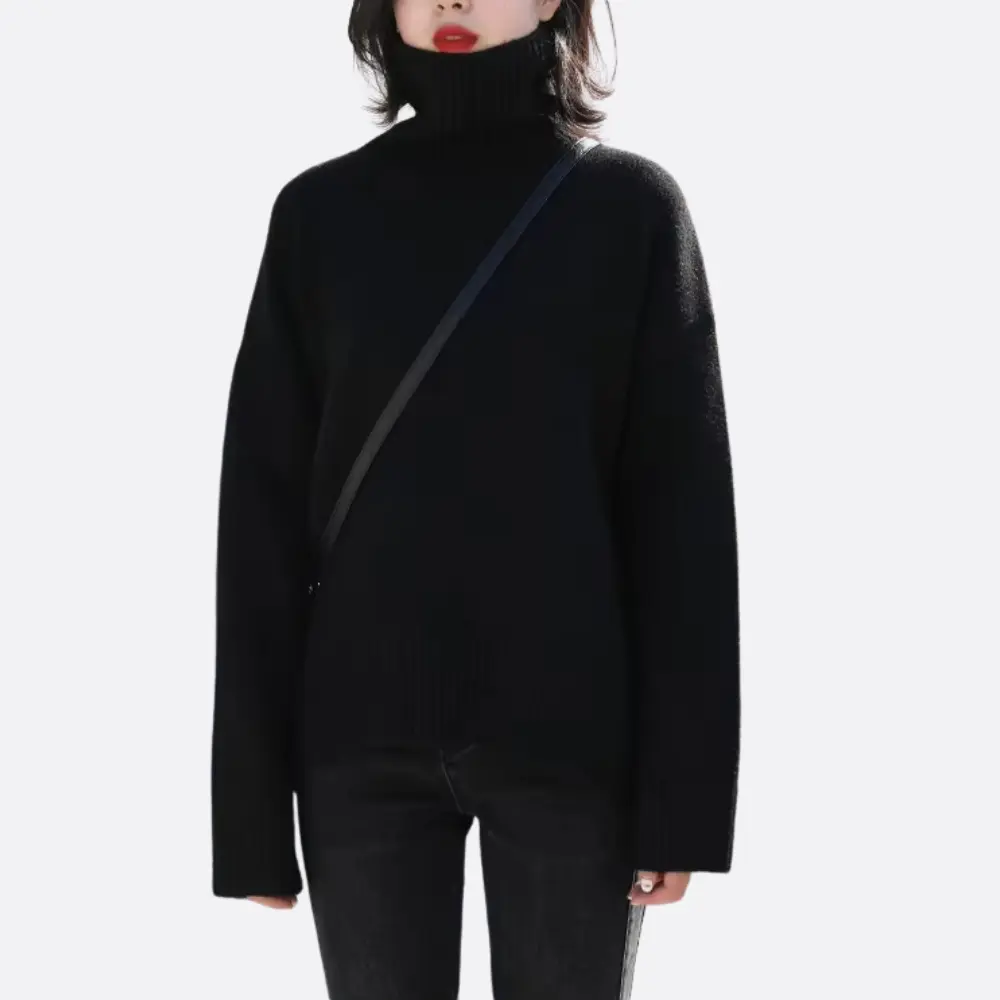 Women's loose fit turtleneck sweater cozy warm knit premium comfort layering pullover