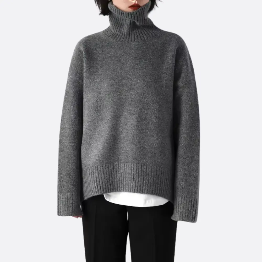 Women's loose fit turtleneck sweater cozy warm knit premium comfort layering style