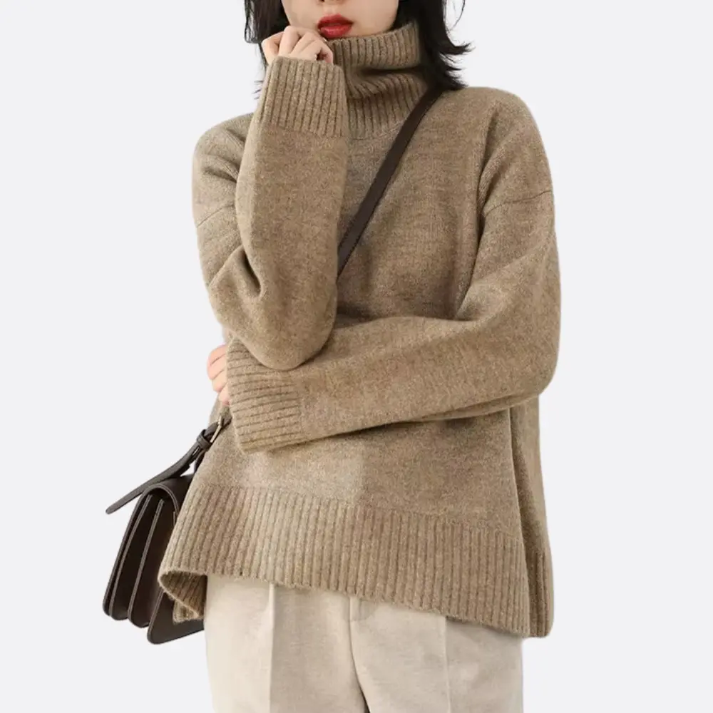 Women's loose fit turtleneck sweater cozy knit warm layering premium comfort cool-weather style