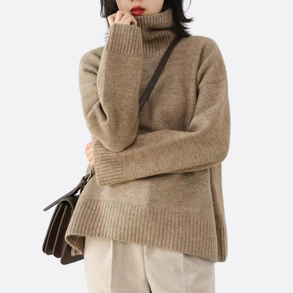 Women's loose fit turtleneck knit sweater cozy warm layering piece for autumn winter