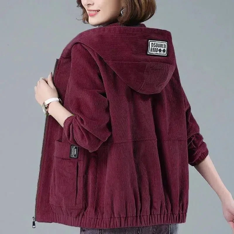 Women's hooded corduroy jacket relaxed fit lightweight layering essential with soft-touch texture