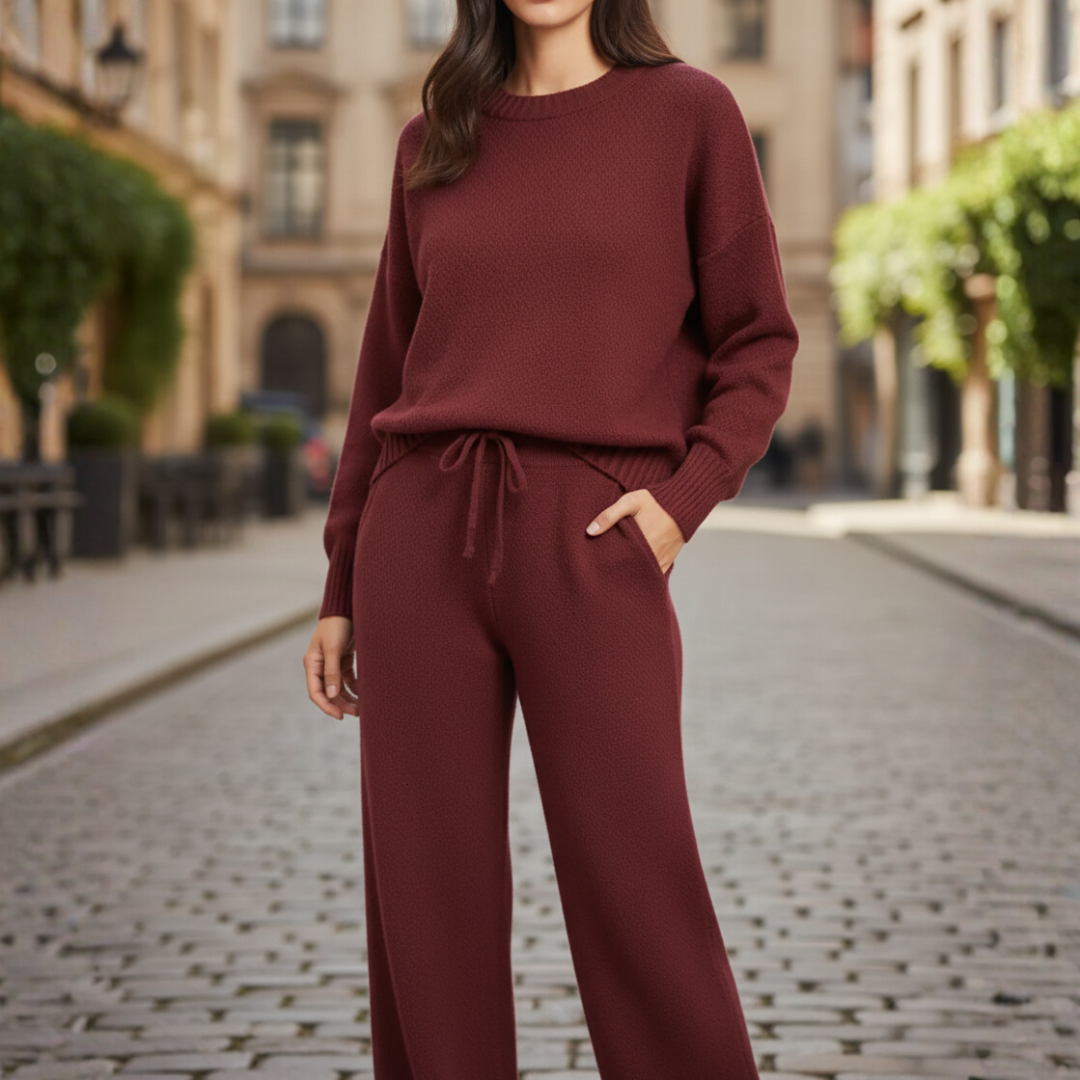 Women's cozy knit lounge set round neck sweatshirt elastic waist pants relaxed fit multi-color