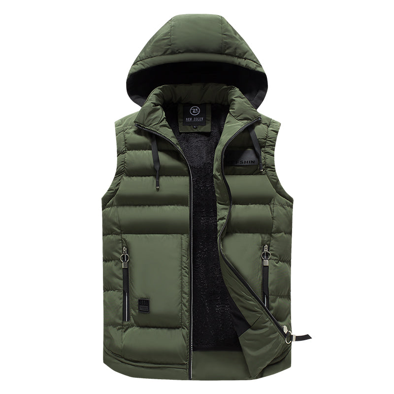 Men's lightweight quilted hooded vest, insulated winter outerwear with wind protection and sleeveless cut