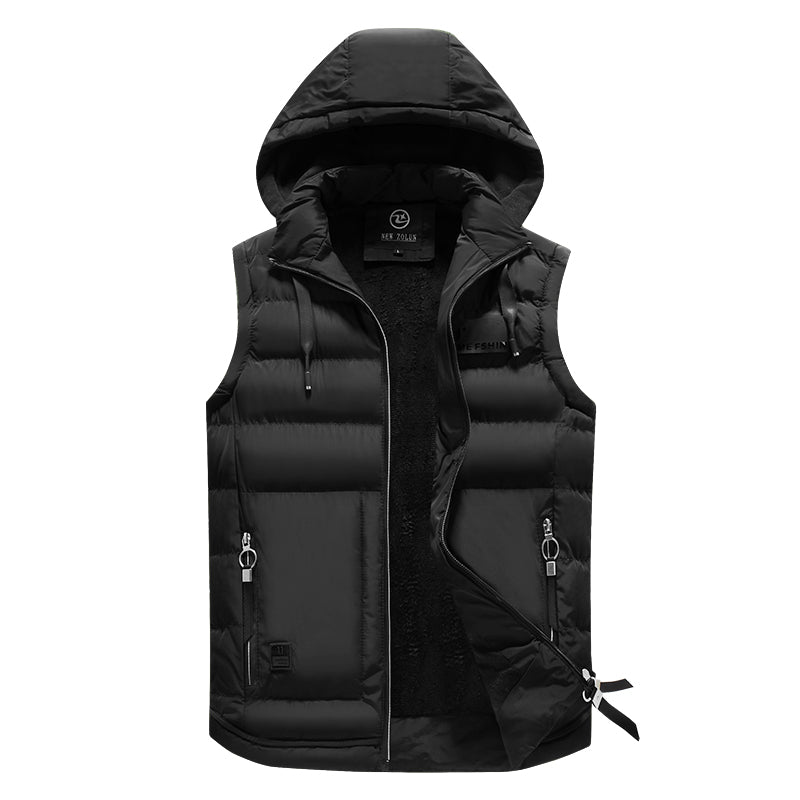 Men's lightweight quilted hooded vest insulated winter warmth wind protection versatile layering piece