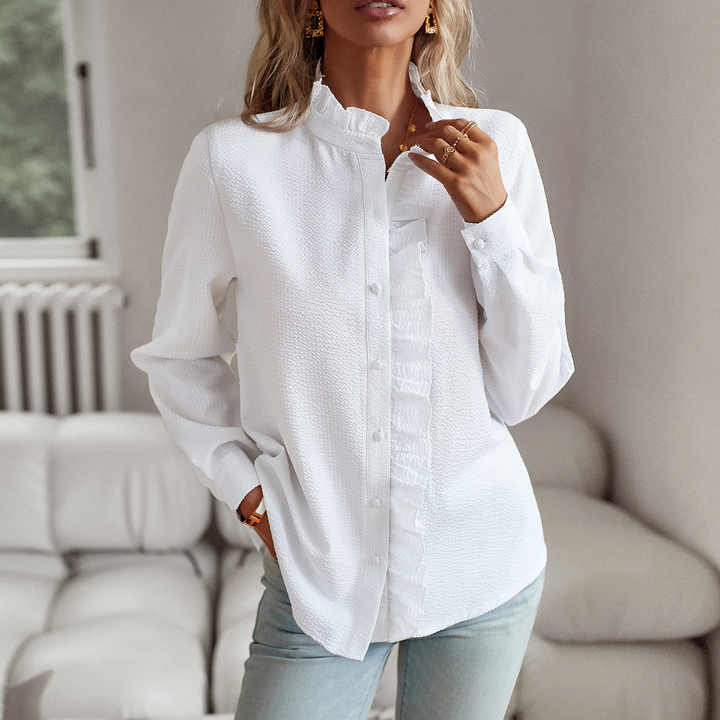 Women's loose fit long sleeve blouse light crinkle fabric ruffle details button closure elegant workwear