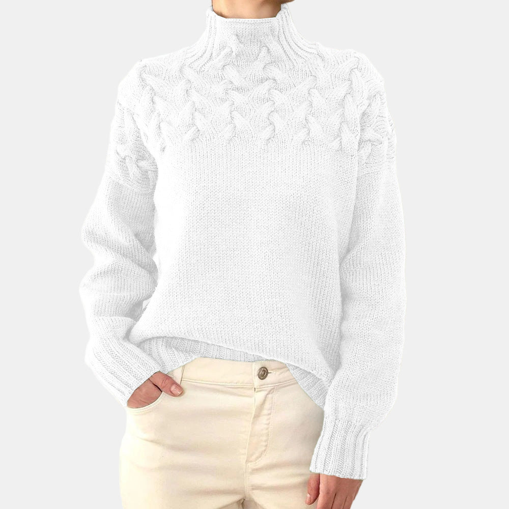 Women's cream cable knit turtleneck sweater relaxed fit with raised texture bodice detailing