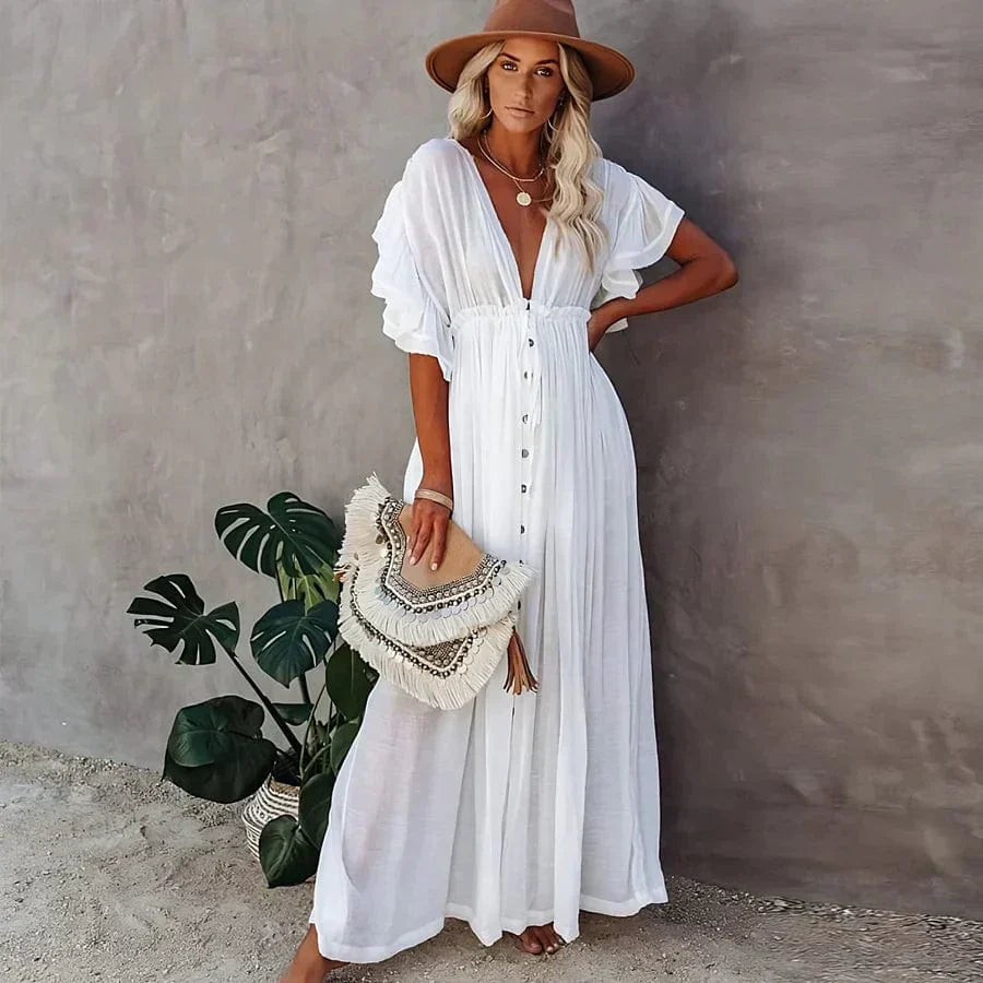 Women's Maxi Dress – Loose Fit – Cotton Blend – Puff Sleeves – V-Neck Boho Style - Urbann-Vibe