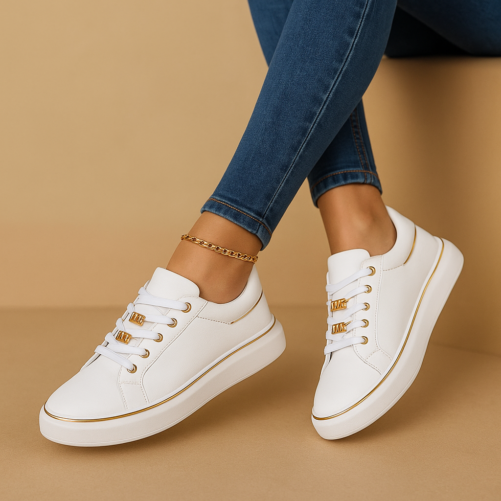Women's white minimalist sneakers with gold-accent paneling and lace-up gold-tone eyelets