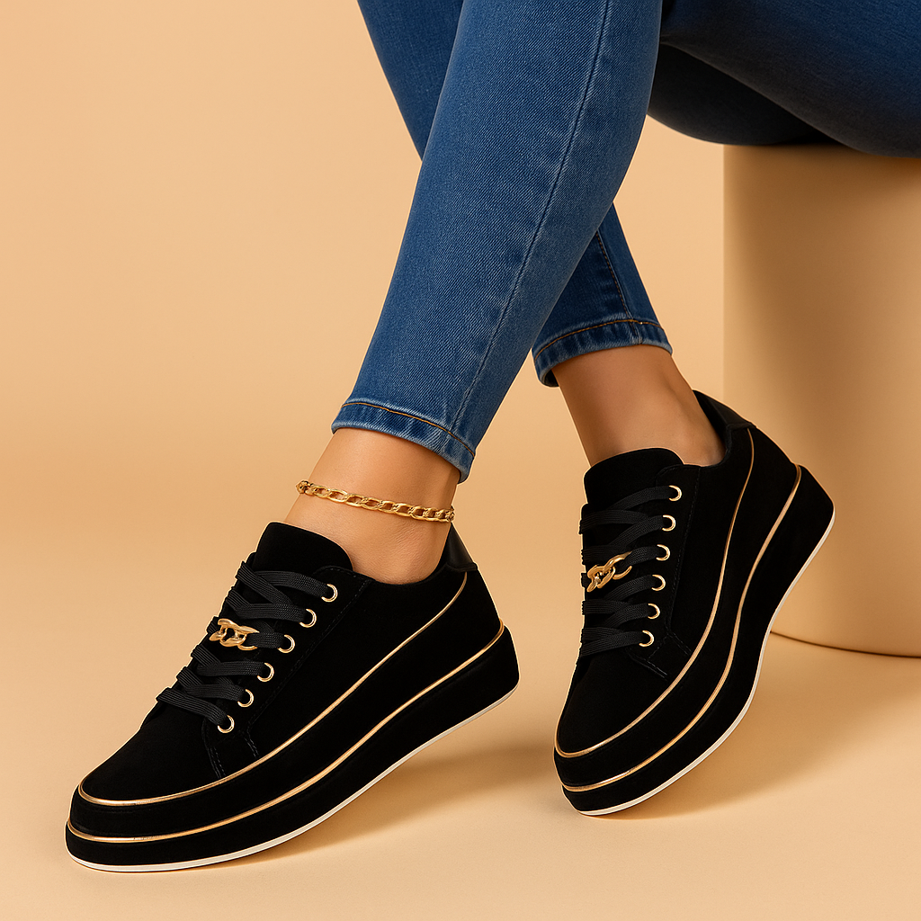 Women's white minimalist sneakers with gold-accent paneling and lace-up gold-tone eyelets