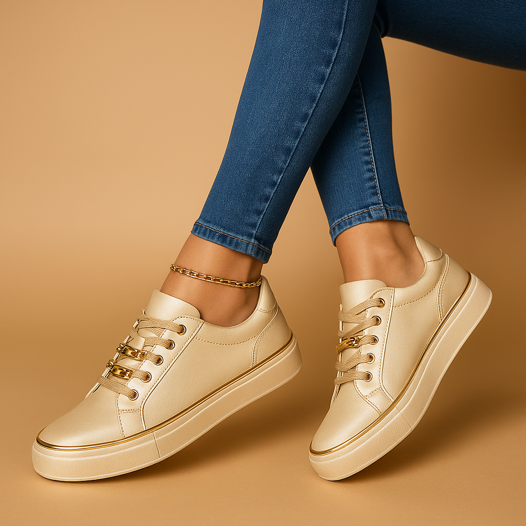 Women's white minimalist sneakers with gold-accent paneling and lace-up gold-tone eyelets