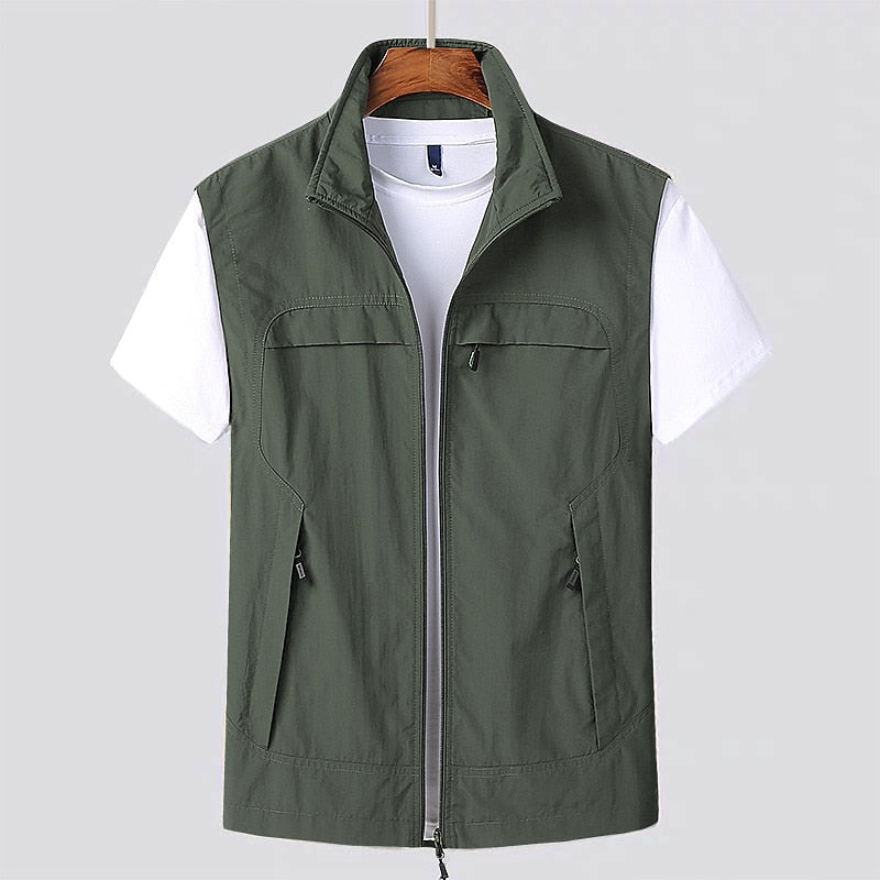 Men's lightweight gray utility vest, sleek minimalist design with multiple pockets, full-zip closure