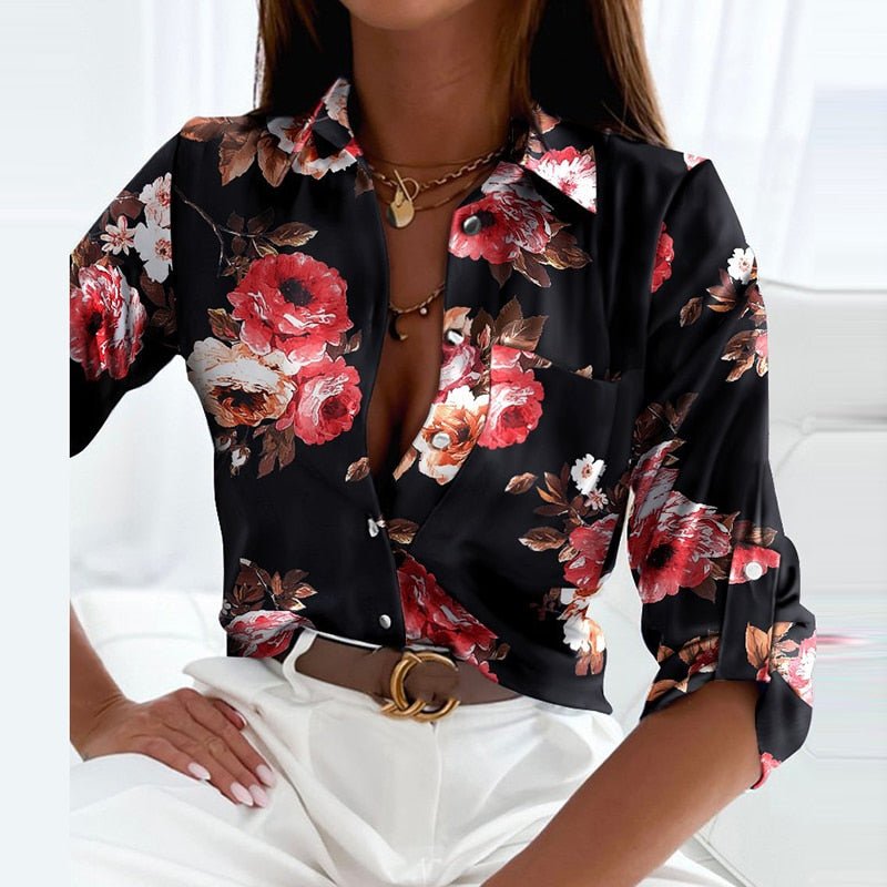 Nordic Flair women's blouse classic collar button-front lightweight flowy long sleeves graphic print