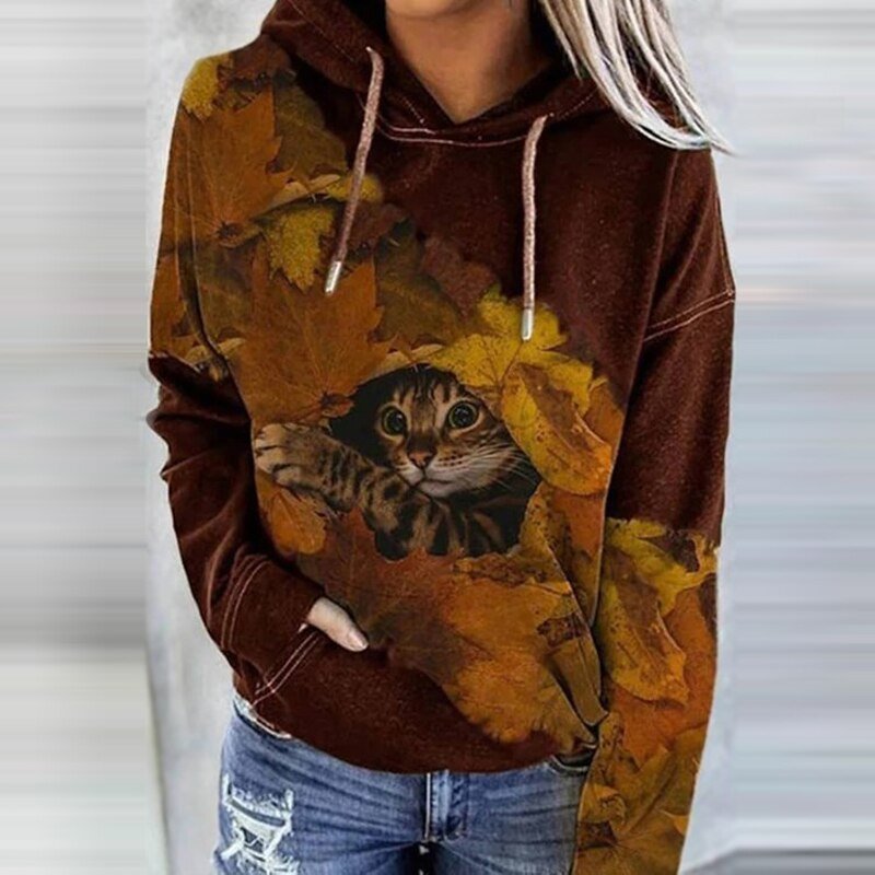 Women's relaxed-fit cotton-feel hoodie with artistic handprint and kangaroo pocket in cozy style