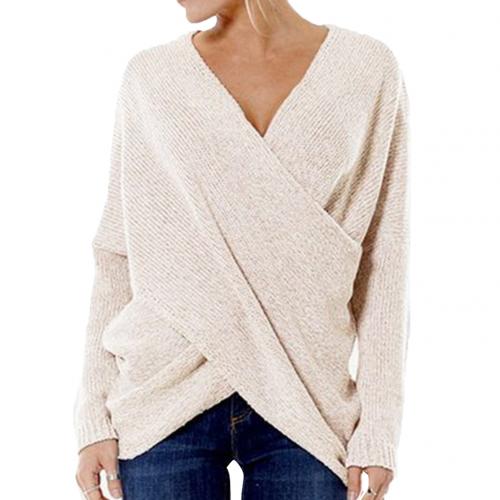 Women's ribbed knit relaxed-fit pullover with V-neck crossover detail, cozy long-sleeve sweater