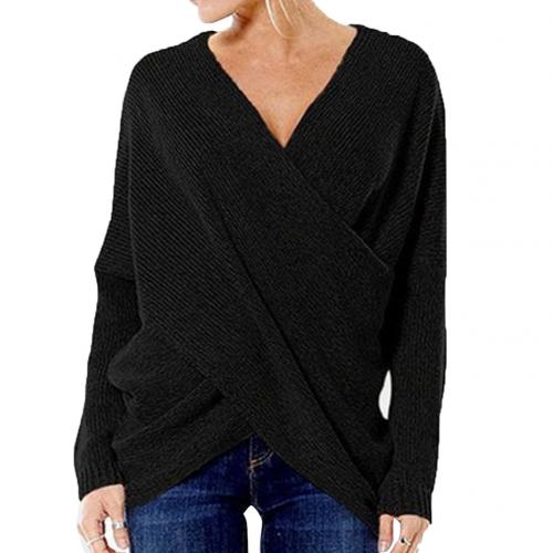 Women's relaxed-fit ribbed knit pullover sweater with V-neck crossover, cozy long-sleeve layering top