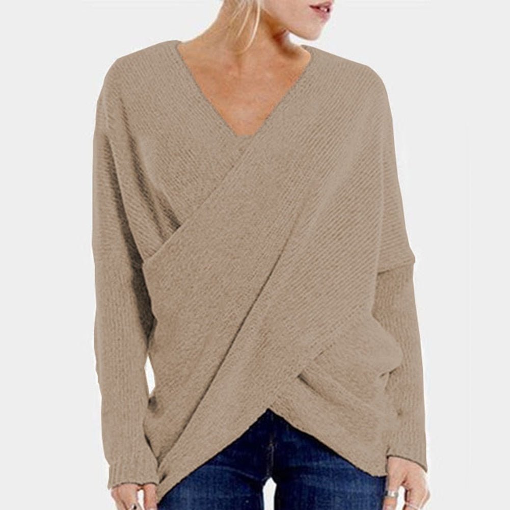 Women's ribbed knit pullover V-neck crossover sweater relaxed fit cozy long-sleeve layering top