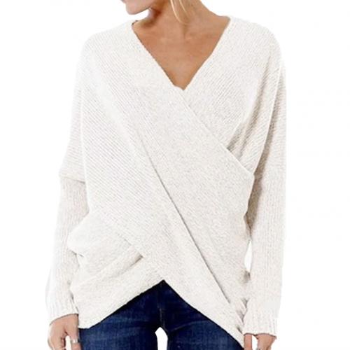 Women's ribbed knit pullover V-neck crossover sweater relaxed fit cozy long-sleeve layering top