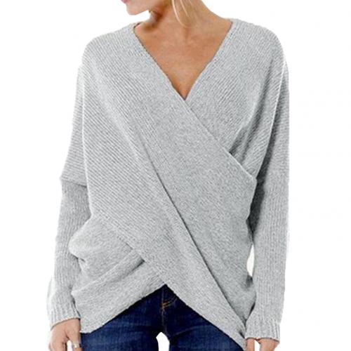 Women's ribbed knit pullover V-neck crossover relaxed fit long-sleeve cozy layering sweater