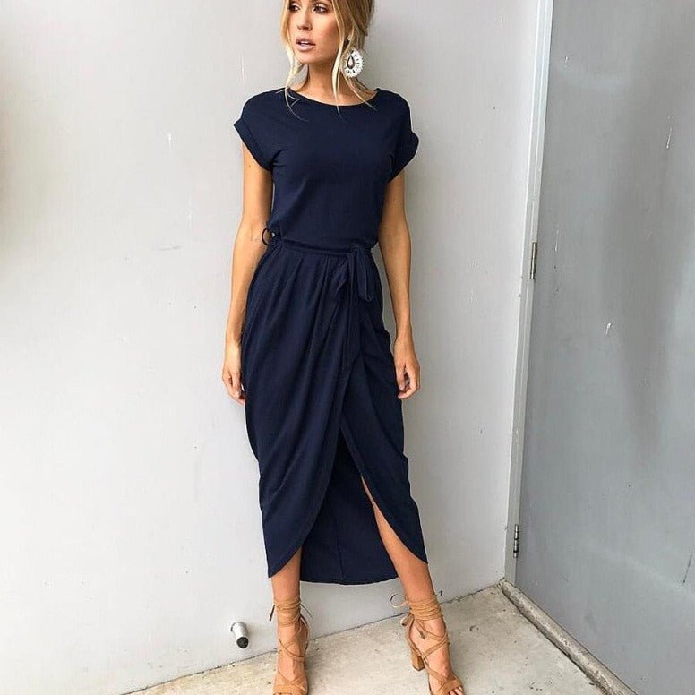 Women's maxi dress asymmetric belted silhouette high slit elegant day-to-night spring-summer style