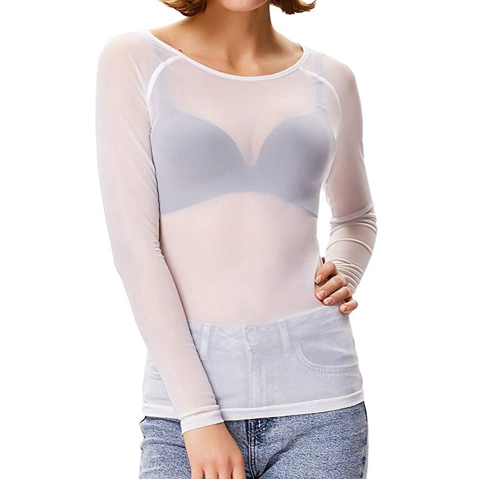 Women's sheer mesh long sleeve top fitted silhouette boat neckline translucent evening style