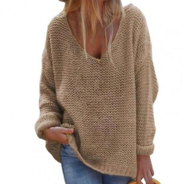 Women oversized V-neck knit sweater soft cozy texture casual everyday essential contemporary fit