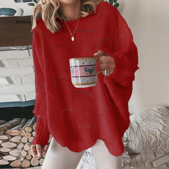 Women's loose knit sweater relaxed silhouette lightweight open weave cozy fall layer