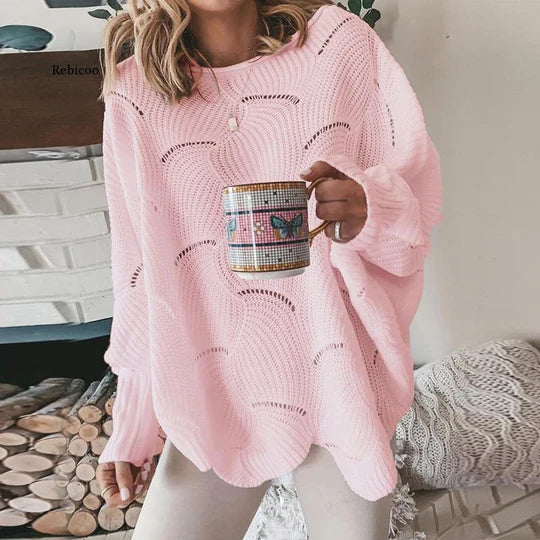 Women's loose knit sweater relaxed silhouette lightweight open weave breathable autumn casual comfort