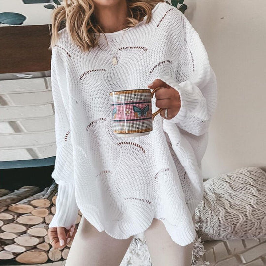 Women's loose knit sweater in autumn tones, relaxed silhouette with open weave breathable fabric