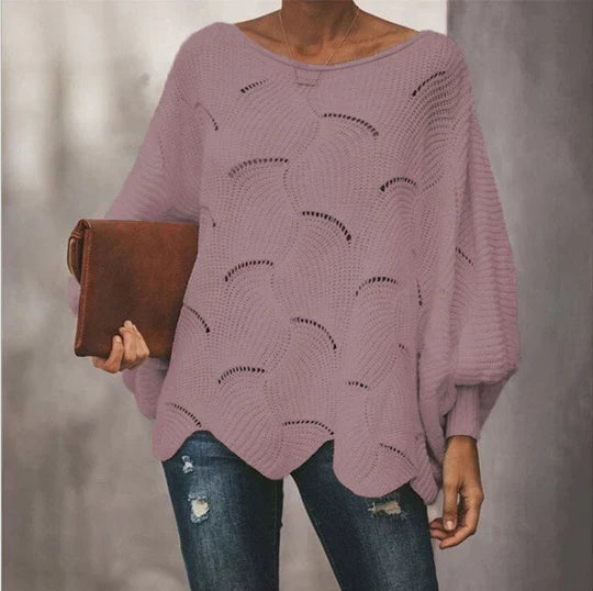 Women's loose knit sweater in autumn tones, relaxed silhouette with open weave breathable fabric