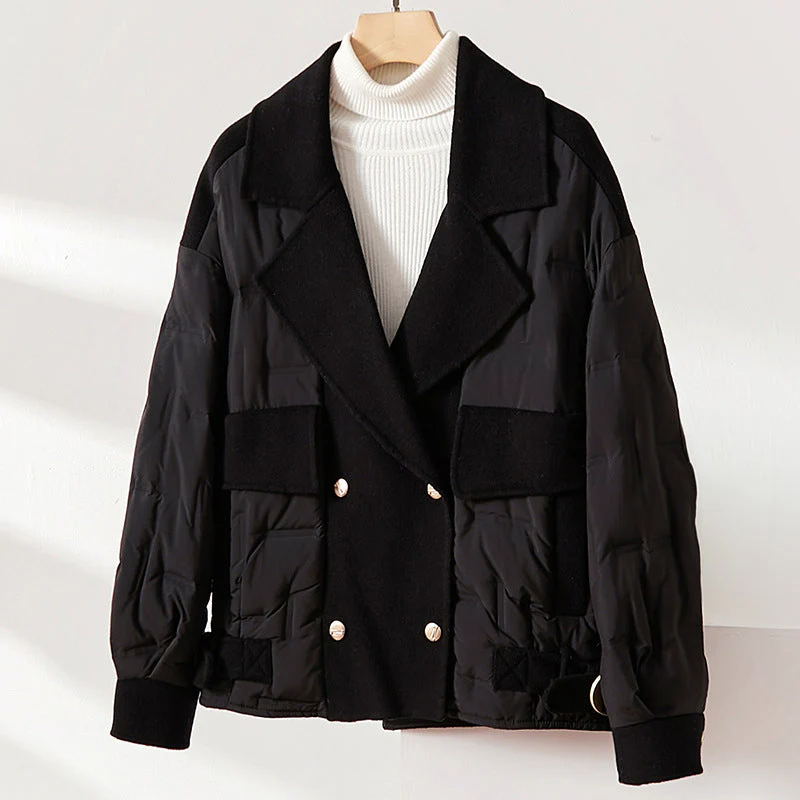 Women's black down-filled wool jacket lapel collar mixed quilted panels insulated winter coat