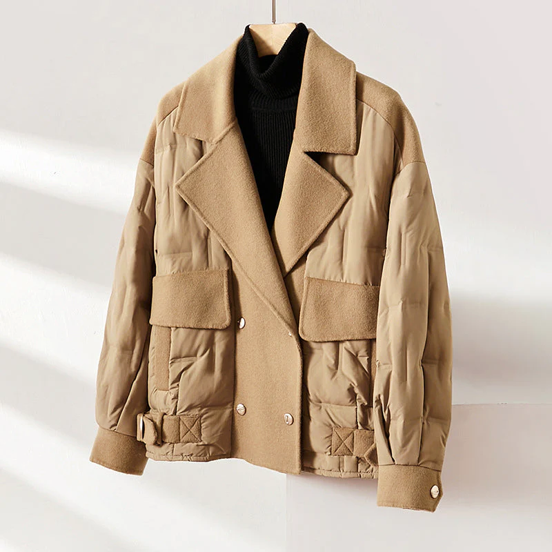 Women's black down-filled wool jacket lapel collar mixed quilted panels insulated winter coat
