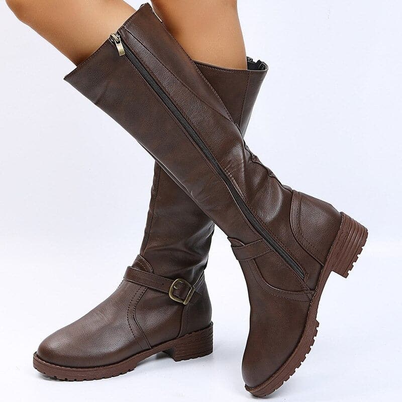 Women's black faux leather knee-high boots with buckle detail and low block heel