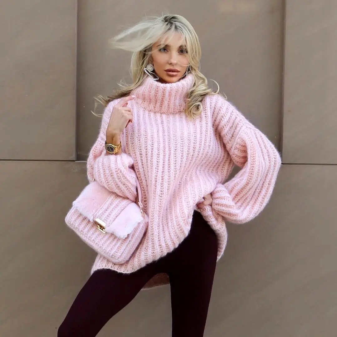Women's oversized cream turtleneck sweater relaxed fit wide sleeves cozy layering essential