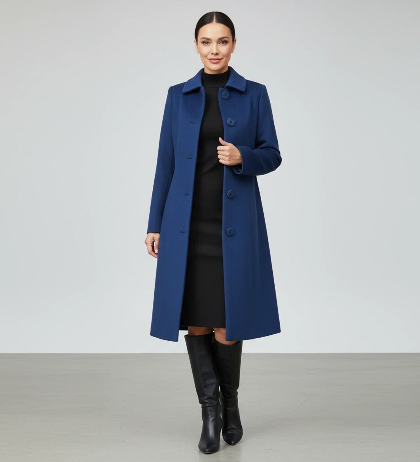 Women's long single-breasted walker coat classic A-line silhouette collared button-front closure
