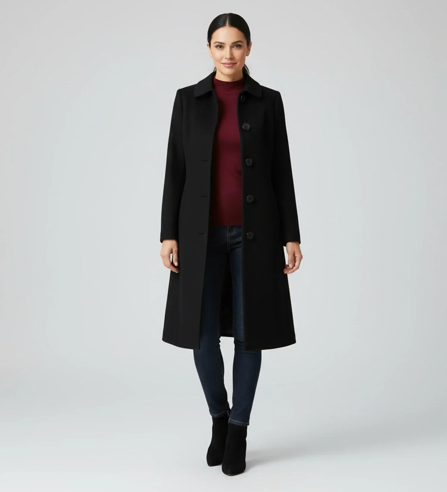 Women's long single-breasted walker coat in classic A-line silhouette with button-front closure