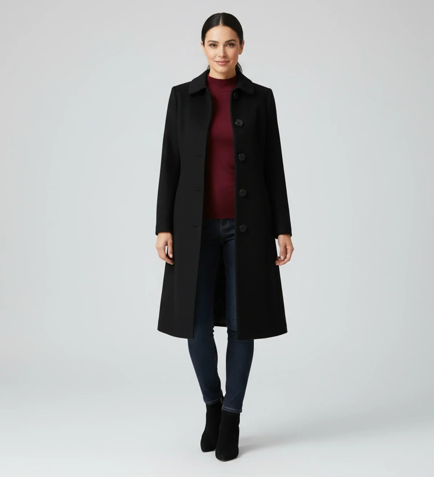 Women's long single-breasted walker coat in classic A-line silhouette with button-front closure