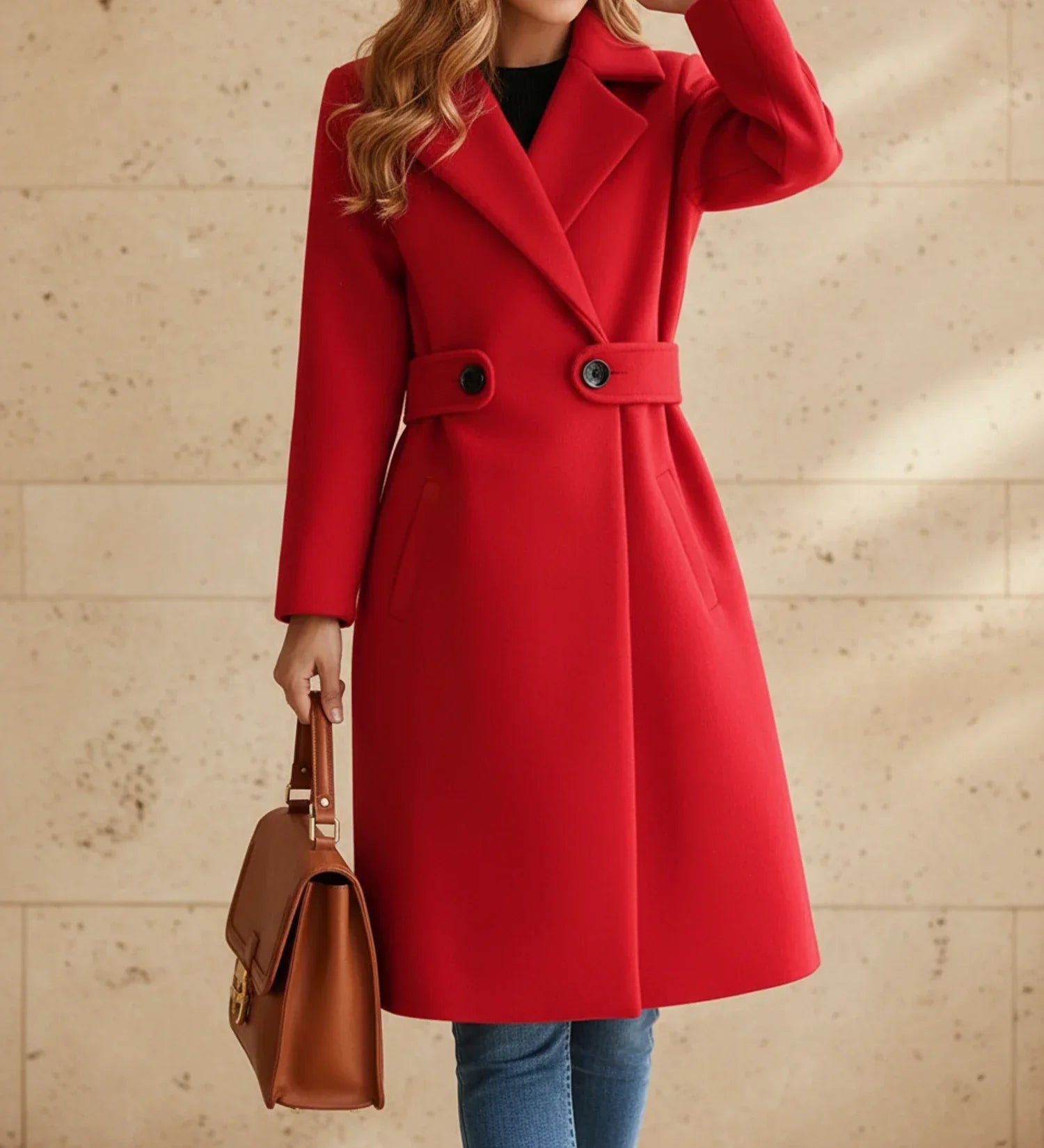 Women's tailored belted coat with wide notched lapel, cinched waist, classic button-front versatile outerwear
