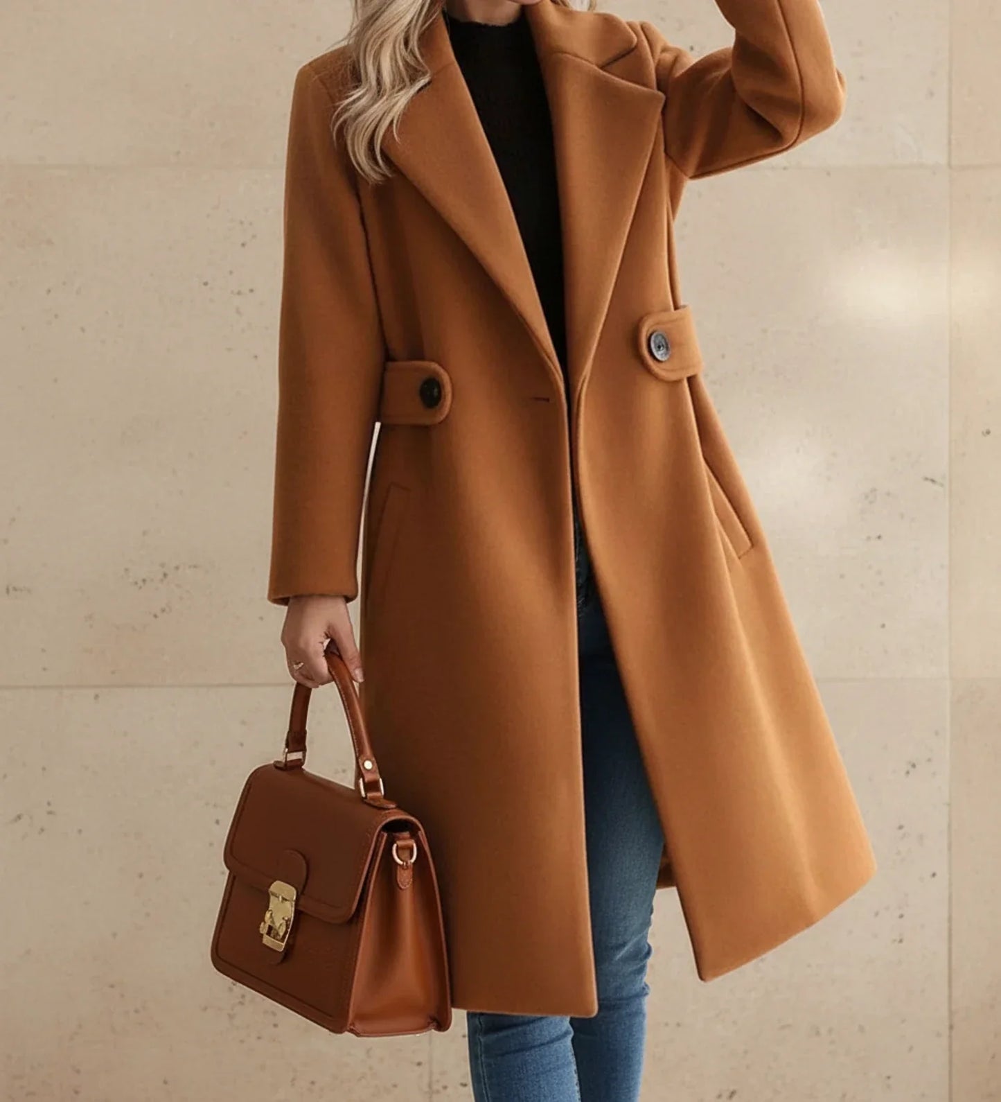 Women's tailored belted coat wide lapel button-front cinched waist versatile work casual outerwear