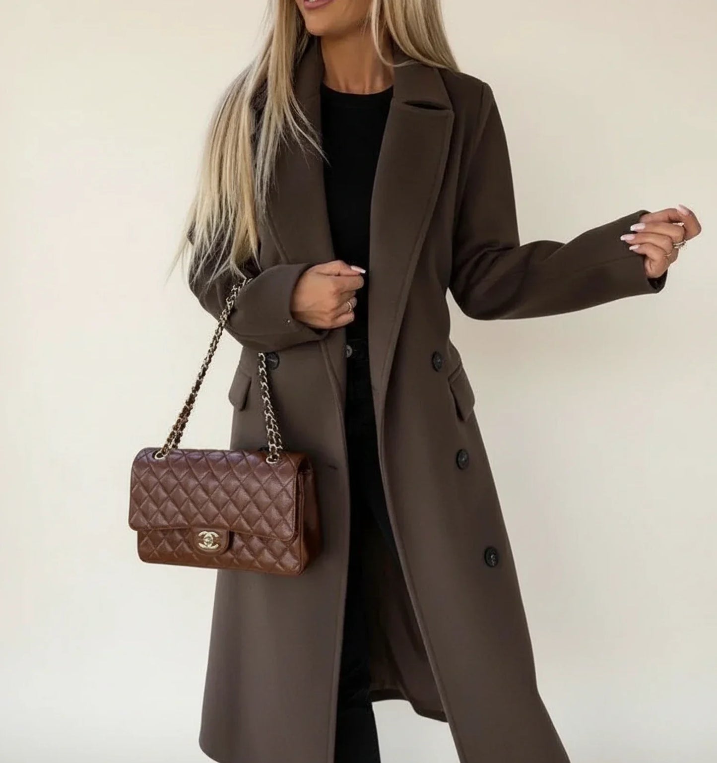 Women's belted midi winter overcoat in classic cut, double-breasted notch lapel, waist-defining belt
