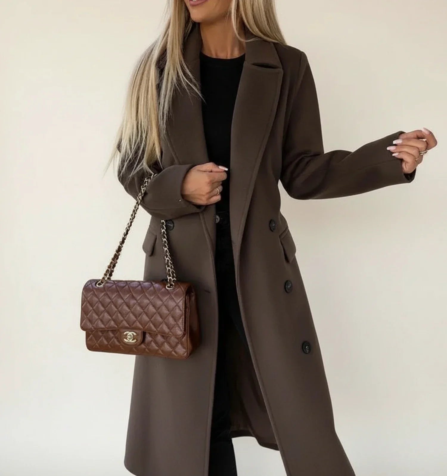 Women's belted midi winter overcoat in classic cut, double-breasted notch lapel, waist-defining belt