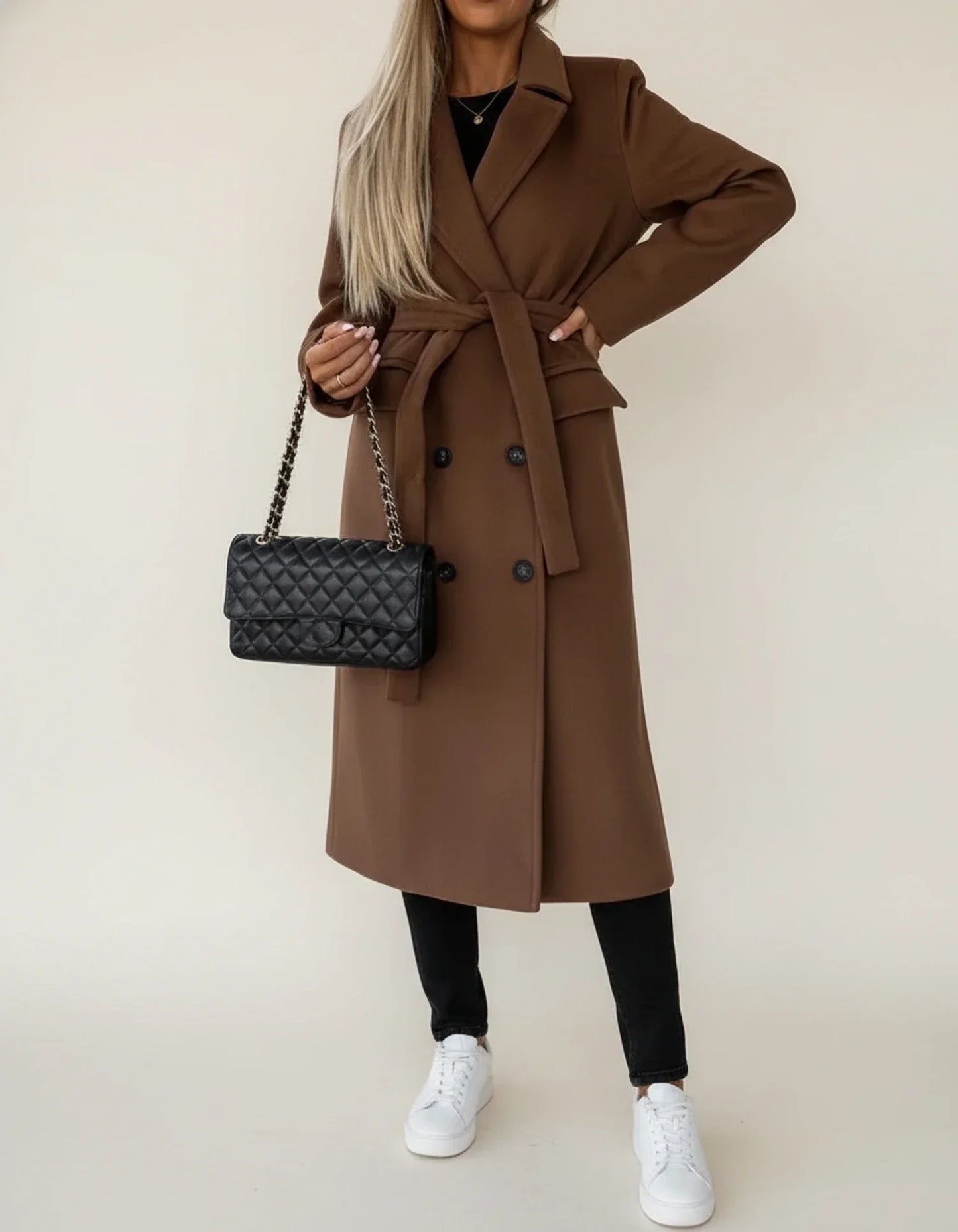 Women's belted midi winter overcoat double-breasted notch lapel classic tailored elegant fit