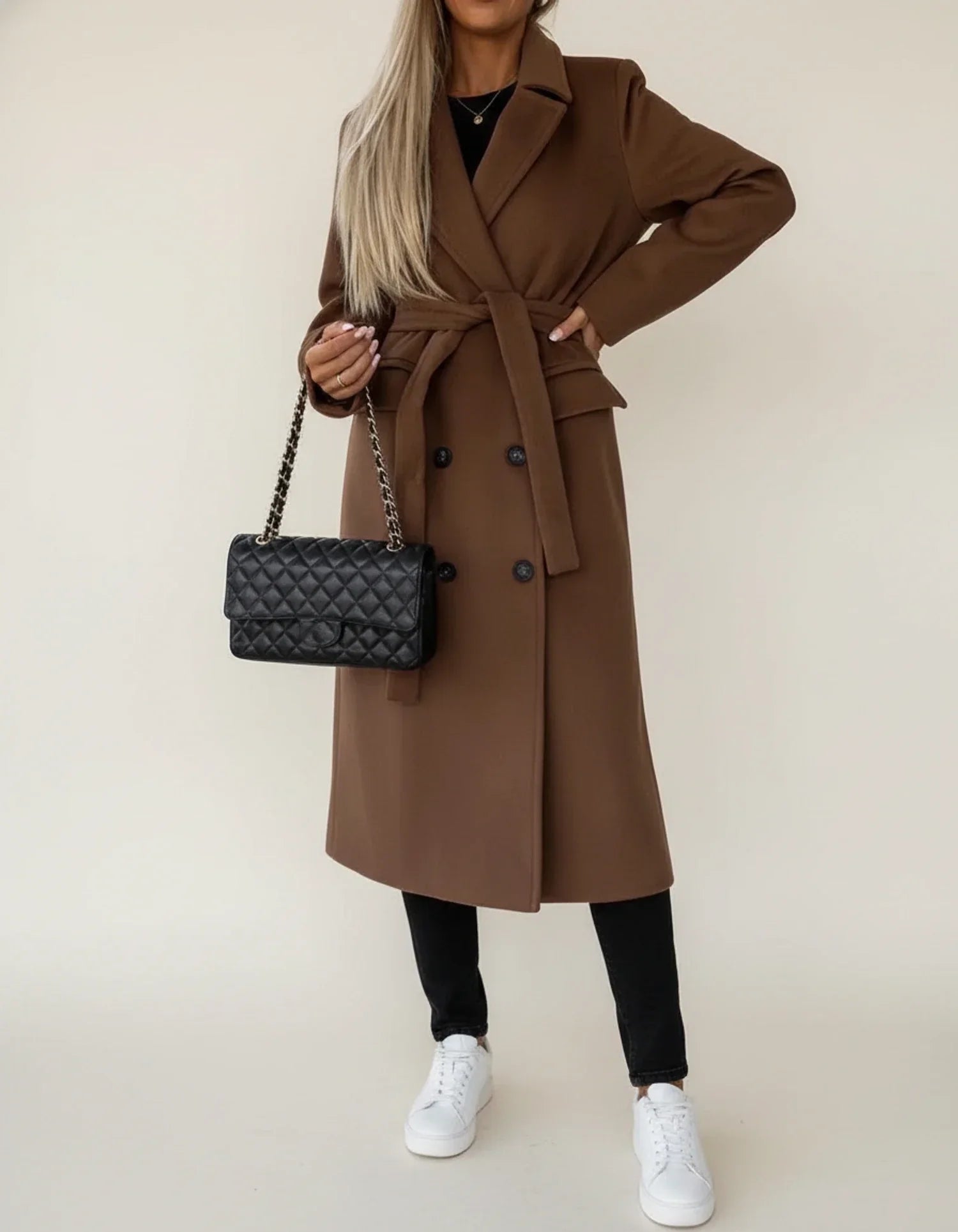 Women's belted midi winter overcoat double-breasted notch lapel classic tailored elegant fit