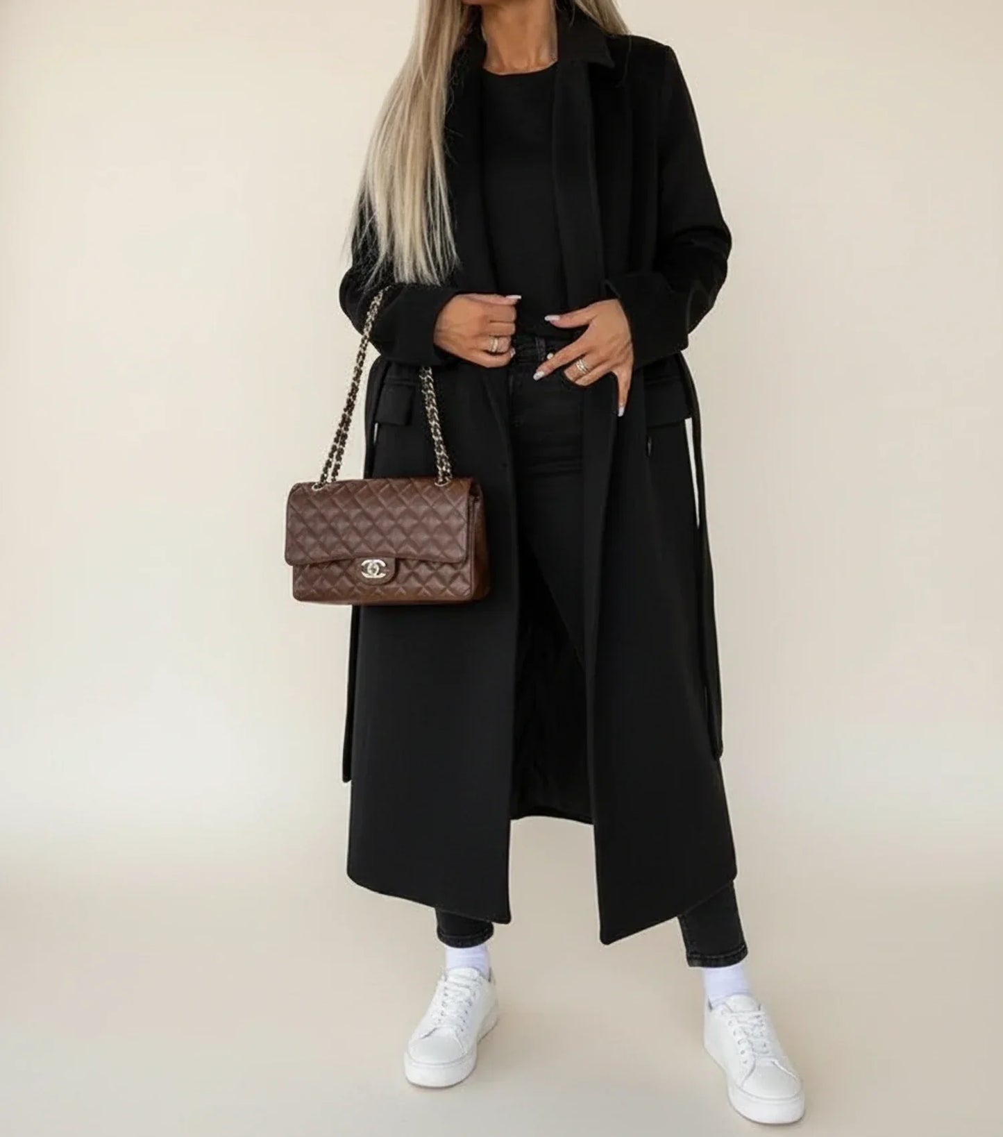 Women's belted midi overcoat in winter wool, double-breasted notch lapel, waist-cinching belt