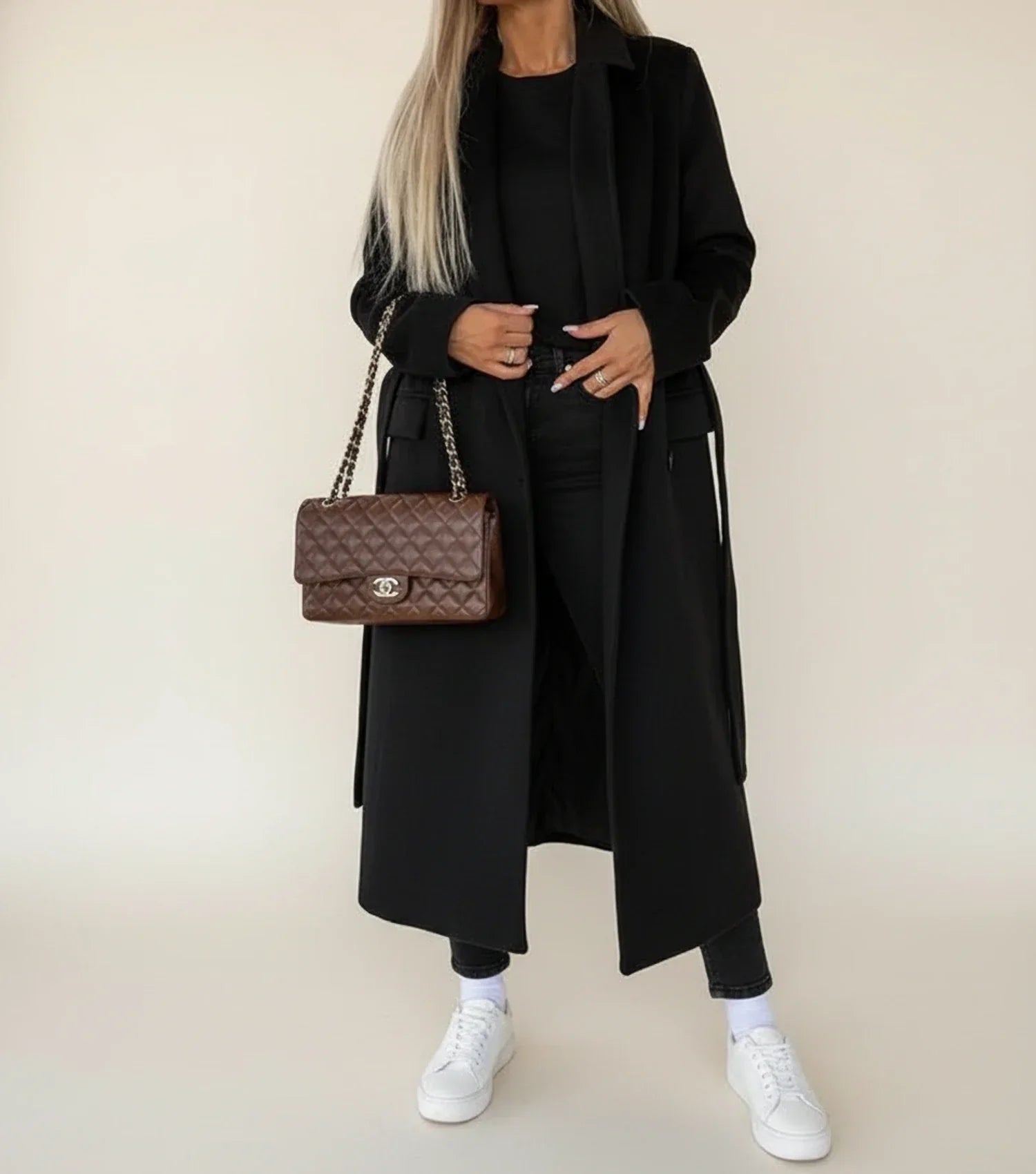 Women's belted midi overcoat in winter wool, double-breasted notch lapel, waist-cinching belt