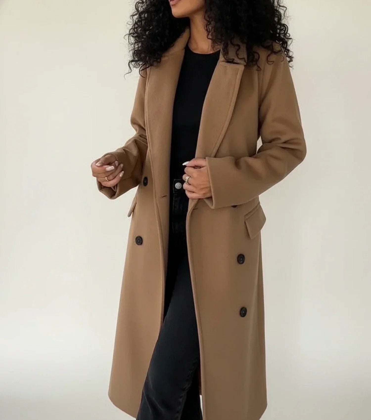 Women's belted midi winter overcoat in classic cut with double-breasted front and notch lapel